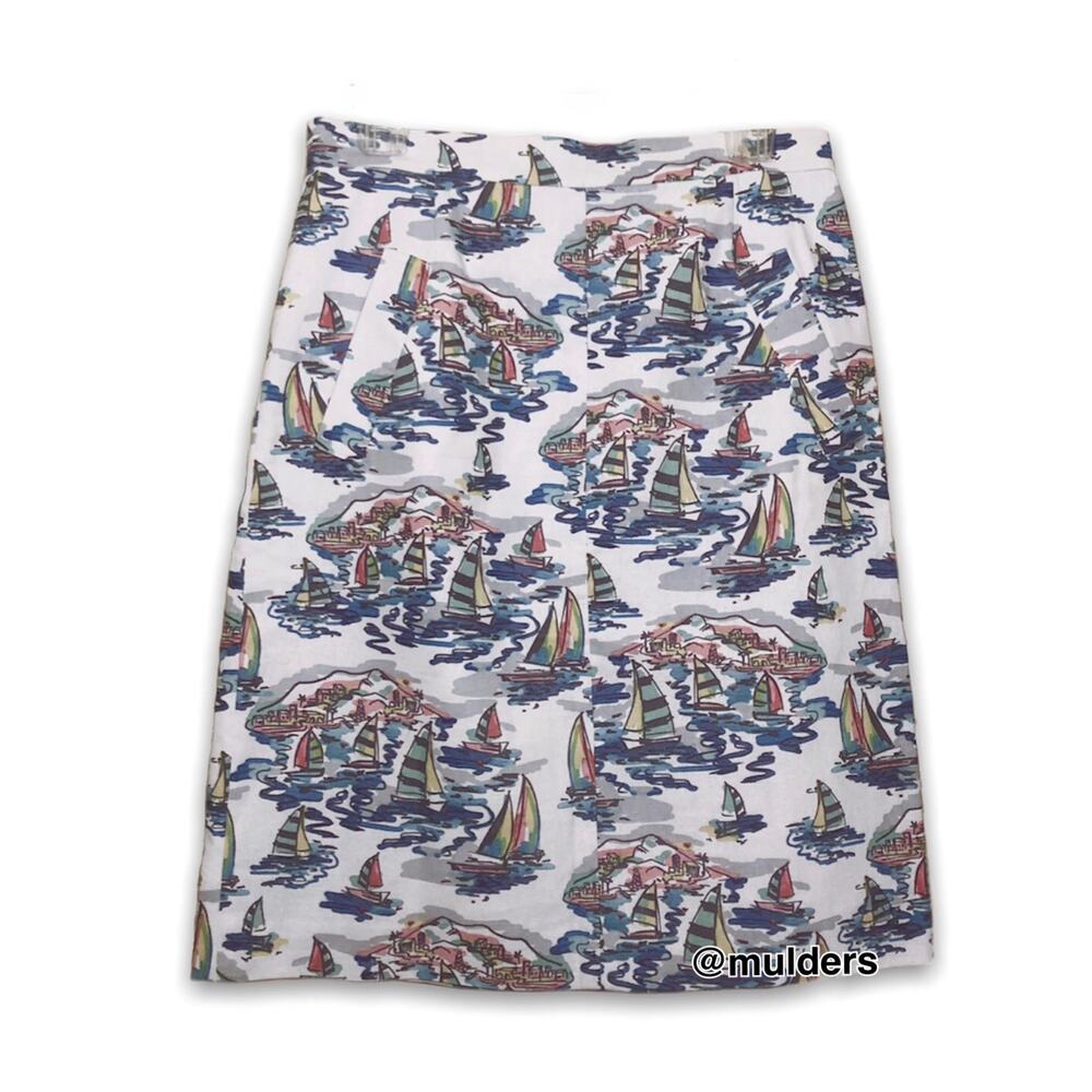 Nine West Sweet Escape Havana Nautical Sailboat Beach Print Linen Blend Skirt